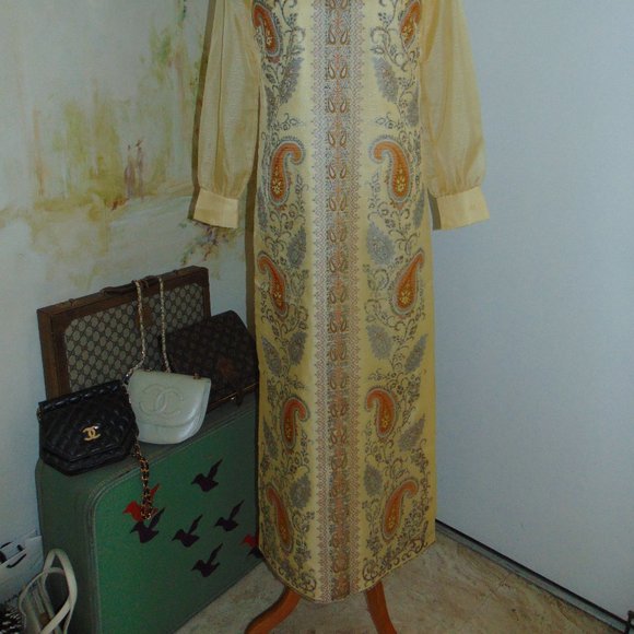 Vintage 60s 70s Alfred Shaheen Kaftan Long Sleeve Yellow Hawaiian Maxi Dress 10 - Picture 13 of 15